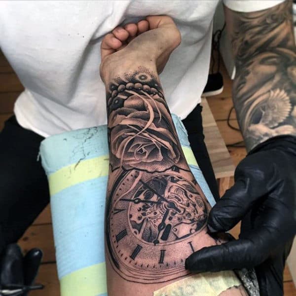 Man With Forearm Tattoos Sleeve Designs Pocket Watch And Rose