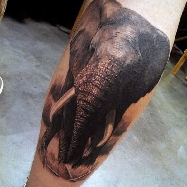 Man With Forest Elephant Tattoo On Calves