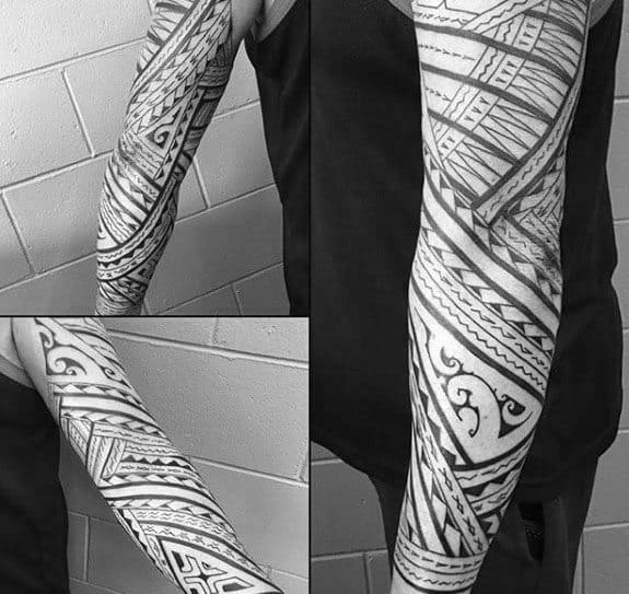 Man With Full Arm Polynesian Pattern Tribal Tattoo Sleeve