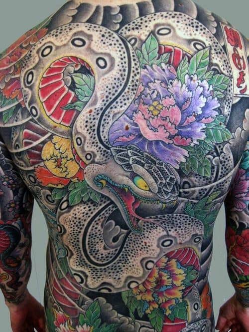 Man With Full Back Flower Japanese Snake Tattoos