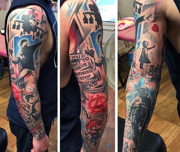 Man With Full Banksy Sleeve Tattoo Design