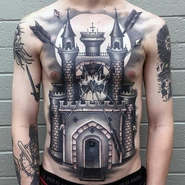 Man With Full Chest Fortress Castle Tattoo Design