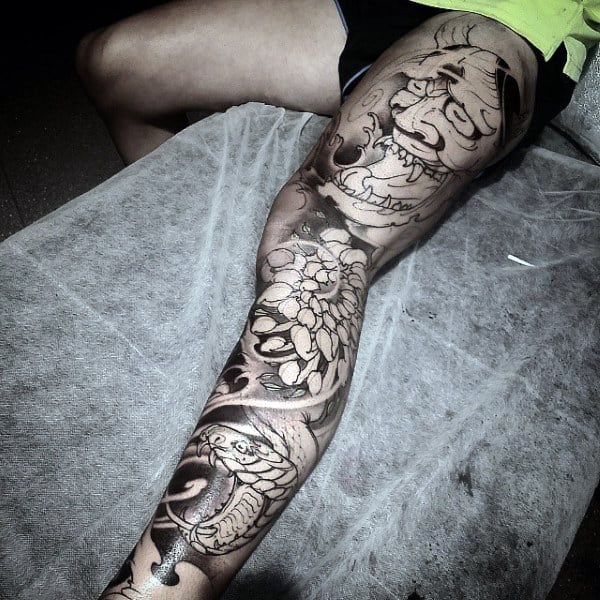 Man With Full Leg Hannya Mask Sleeve Tattoo