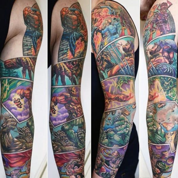 Man With Full Sleeve Marvel Comic Strip Theme Tattoo Design