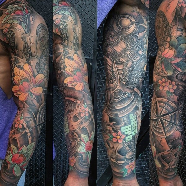 Man With Full Sleeve Tattoo Lotus Flower Design
