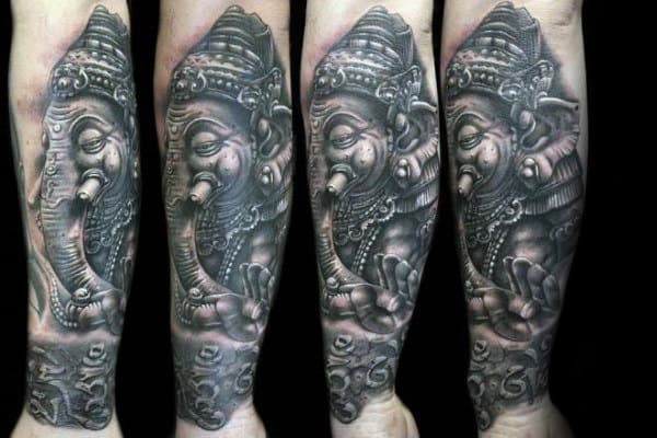 Man With Ganesh Stone 3d Forearm Sleeve Tattoo