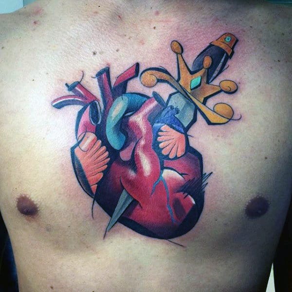 Man With Graffiti Heart And Sword Design Tattoo On Middle Of Chest