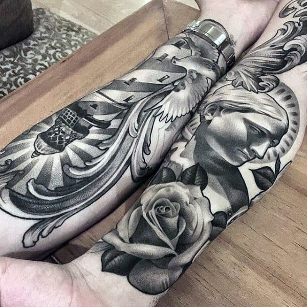 Man With Grey And White Ink Shaded Forearm Sleeve Tattoos