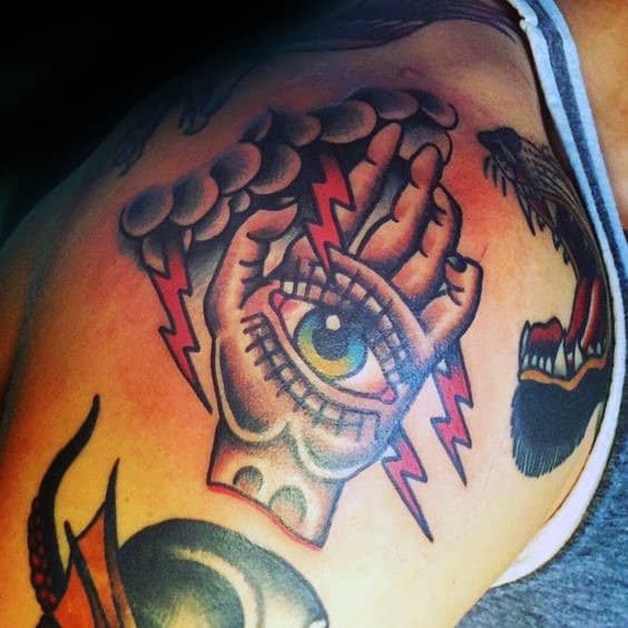 Man With Hand Eye And Clouds Traditional Shoulder Tattoo