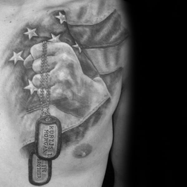 Man With Hand Holding Dog Tags Memorial Fallen Soldier Chest Tattoo