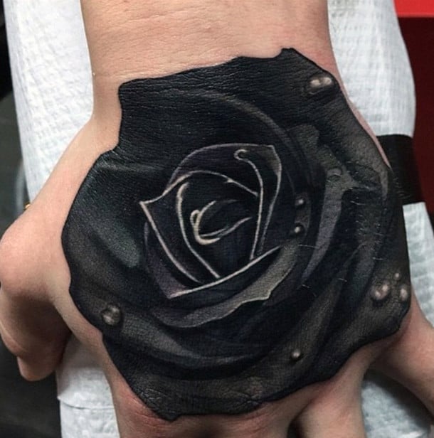 Man With Hand Tattoo Of Realistic 3d Black Rose