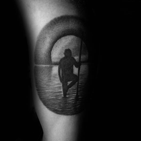 Man With Harpoon Silhouette Moon Tattoo On Inner Arm