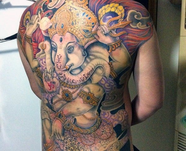 Man With Hindu Tattoo Of Ganesh On Back