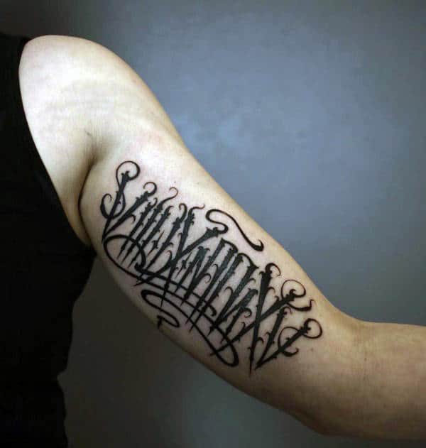 Man With Inenr Arm Black Ink Script Modern Tattoo