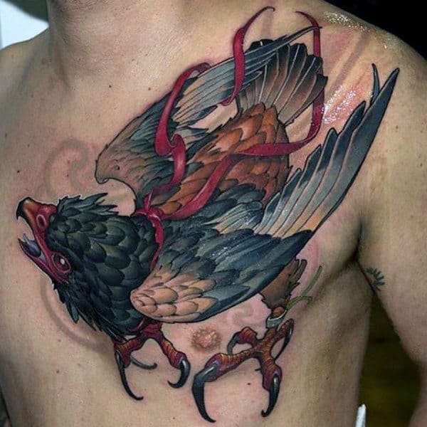 Man With Insane Flying Bird Chest Tattoo Neo Traditional Design Ideas