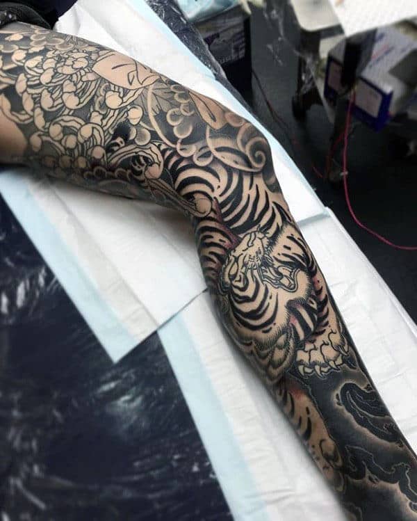 Man With Japanese Tattoo Of Tiger Full Leg Sleeve