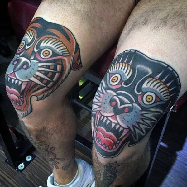 Man With Knee Tattoo Of Cool Traditional Tiger