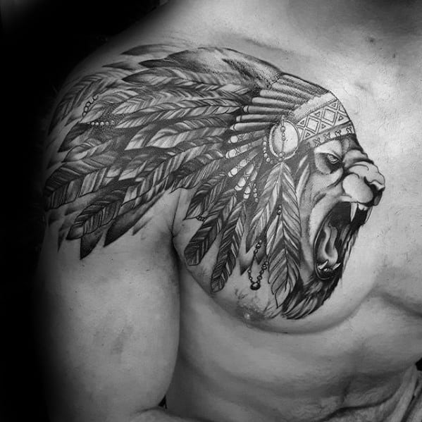 Man With Lion Wearing Indian Feather Head Shoulder Tattoo