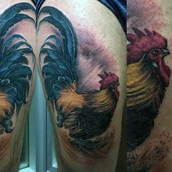Man With Majestic Rooster Tattoo On Thigh