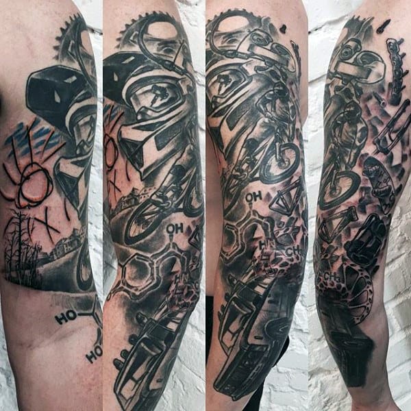 Man With Motocross Tattoo And Chemistry Design Sleeve