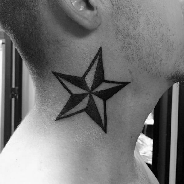 Man With Nautical Star Traditional Tattoo On Neck
