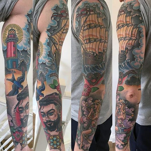 Man With Nautical Themed Full Sleeve Tattoo