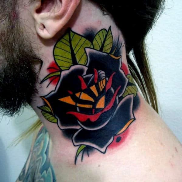 Man With Neck Tattoo Of Traditional Black Rose Flower
