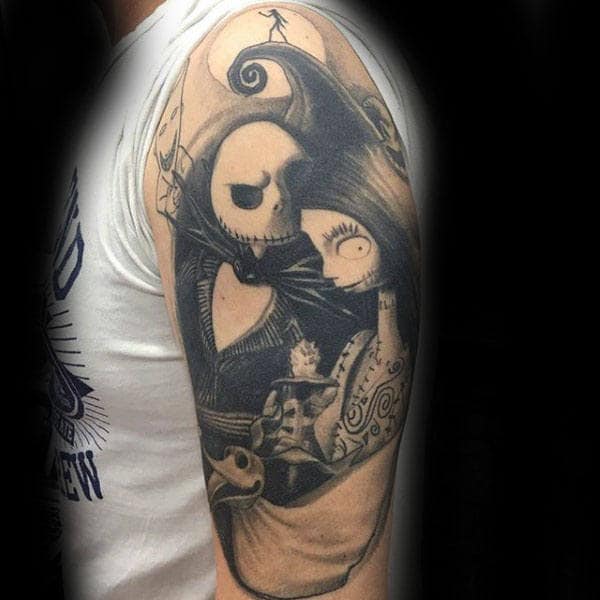 Man With Night Before Christmas Half Sleeve Tattoo Shaded Black And Grey Ink