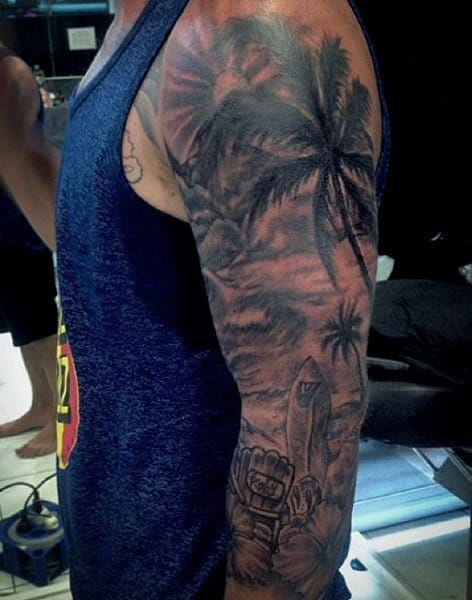 Man With Ocean Waves Beach Tattoos Full Sleeve