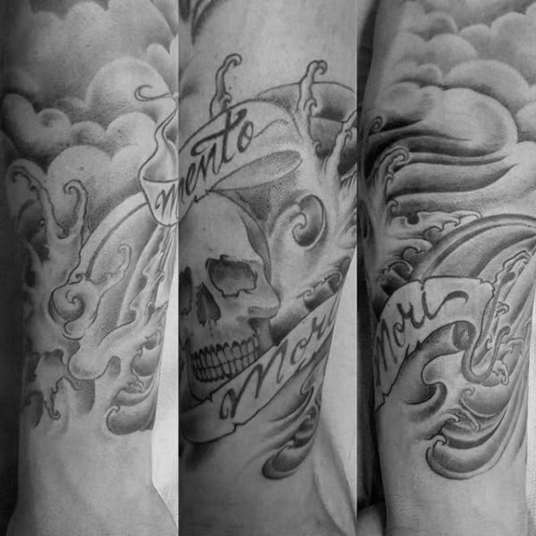 Man With Ocean Waves Memento Mori Banner And Skull Forearm Tattoo