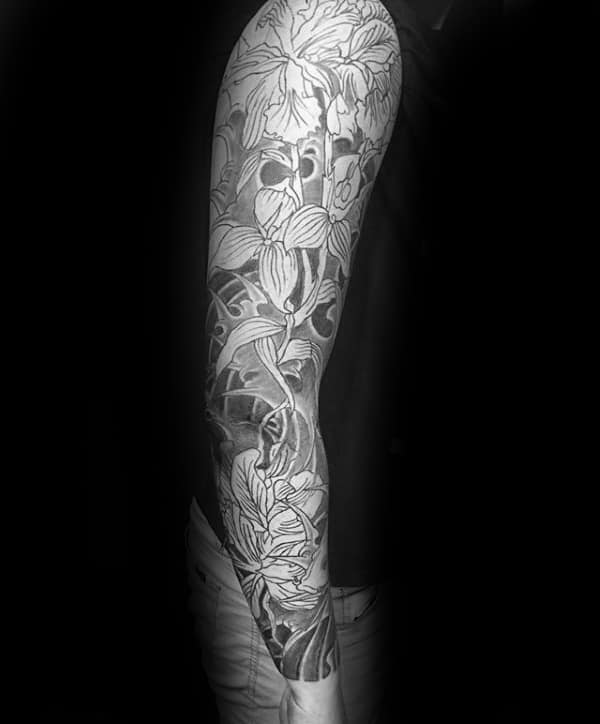 Man With Orchid Japanese Sleeve Tattoo