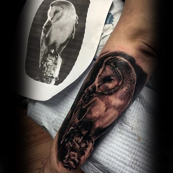 Man With Outer Forearm Barn Owl Tattoo Realistic Designs