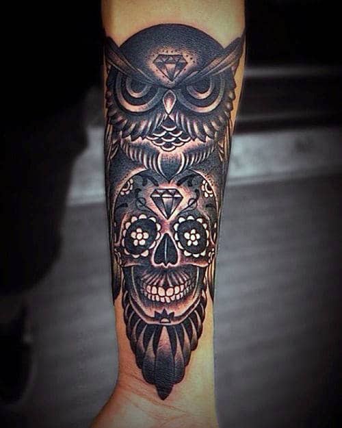 Man With Owl With Sugar Skull Tattoo Black And White Ink Forearm