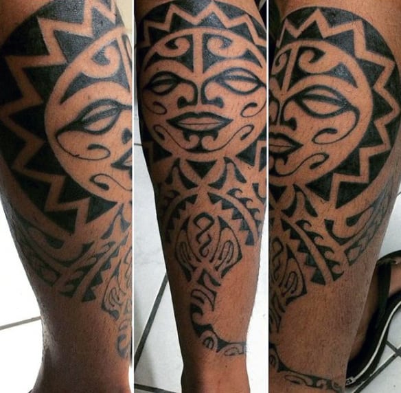 Man With Polynesian Sun Tattoo On Legs