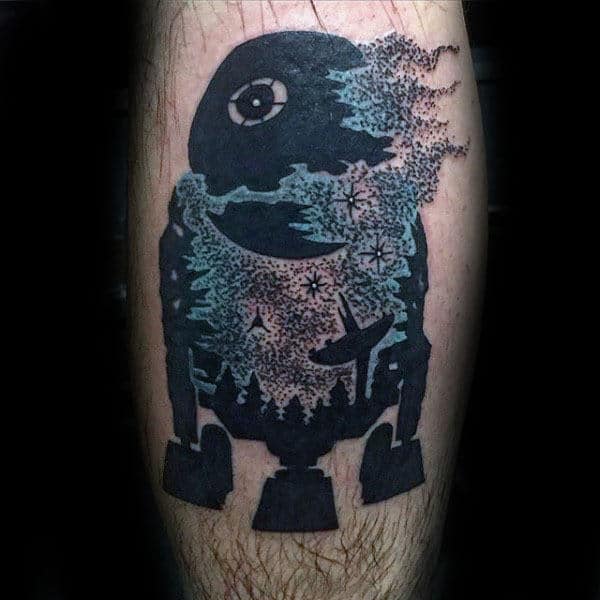 Man With Rd2d Black And Blue Ink Leg Tattoo