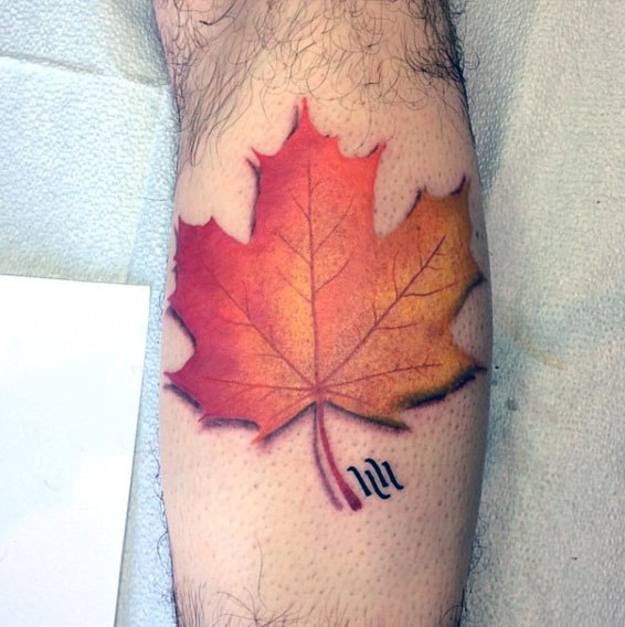 Man With Realistic 3d Maple Leaf Leg Calf Tattoo