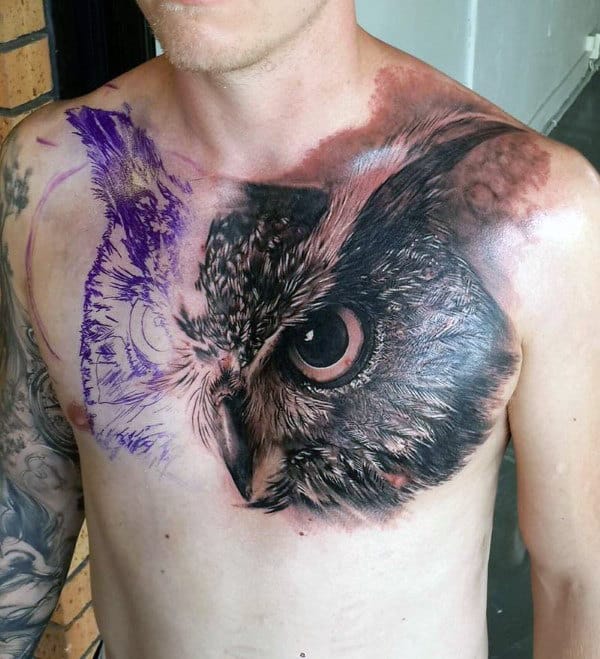 Man With Realistic 3d Owl Tattoo On Chest