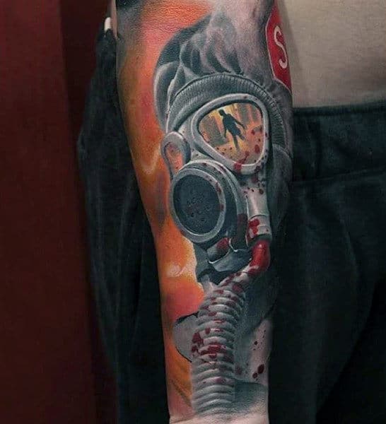 Man With Realistic Zombie Gas Mask Tattoo Sleeve Design