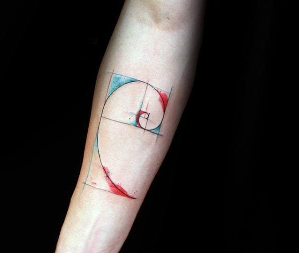 Man With Red And Blue Ink Watercolor Fibonacci Spiral Inner Forearm Tattoo Design