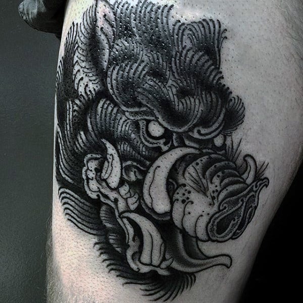 Man With Retro Black Ink Agressive Boar Arm Tattoo
