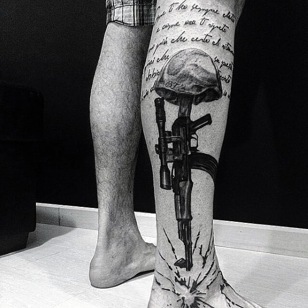 Man With Rifle Quote Army Leg Sleeve Tattoo