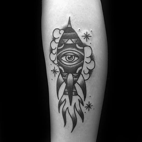 Man With Rocket Ship Eye Traditional Forearm Tattoo