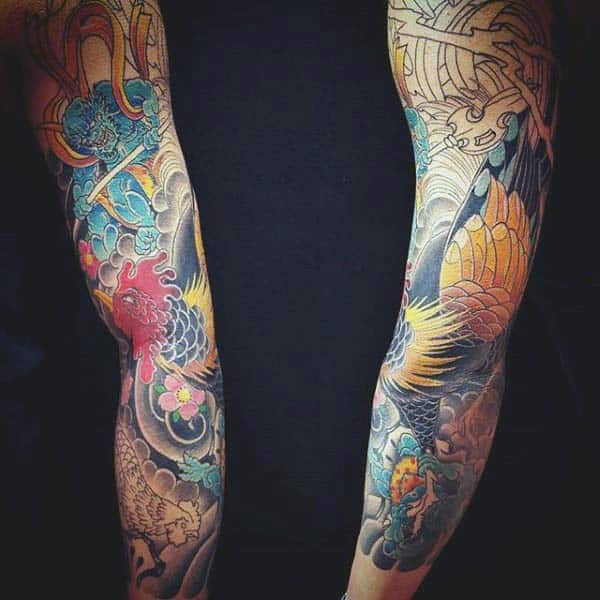 Man With Rooster And Demon Tattoo Full Sleeve Traditional Style