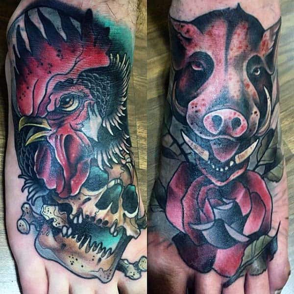 Man With Rooster Hog And Skull Tattoo On Feet In Traditional Style