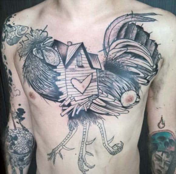 Man With Rooster Tattoo On Back Featuring A House Chest Piece