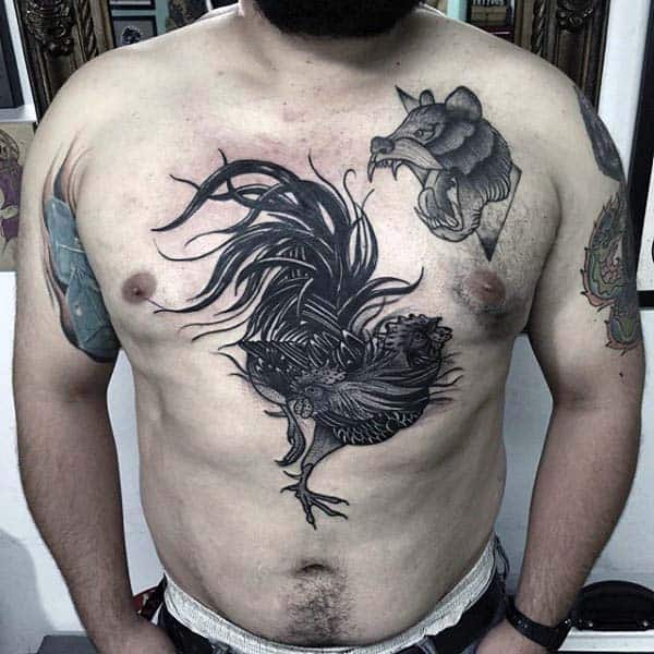 Man With Rooster Tattoo On Chest In Black Ink