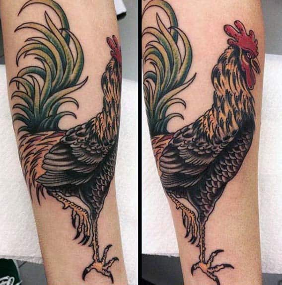 Man With Rooster Tattoo On Forearm With Dark Shading