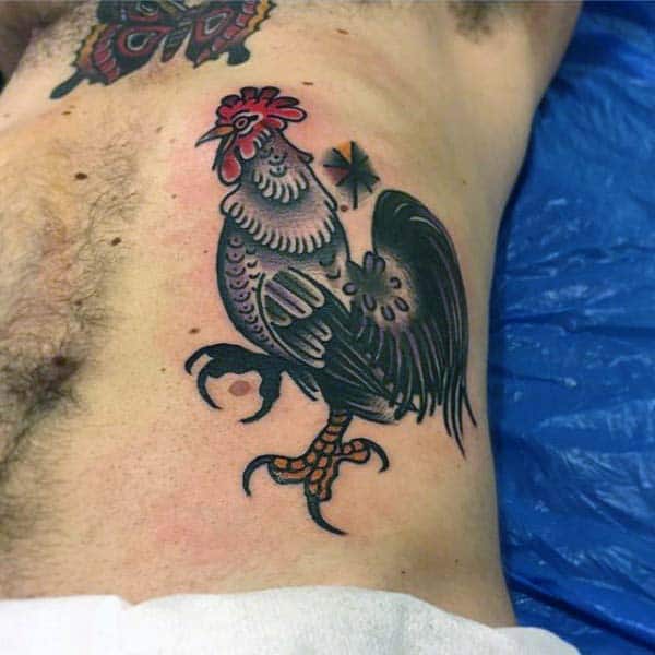 Man With Rooster Tattoo On Side In Neo Traditional Style