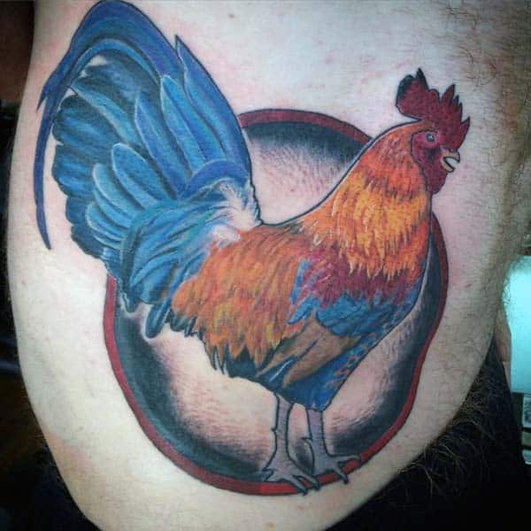 Man With Rooster Tattoo On Side In Traditional Style