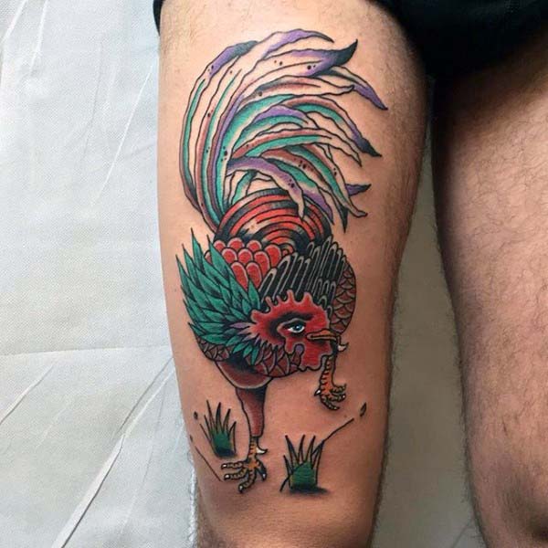 Man With Rooster Tattoo On Thigh In Neo Traditional Style